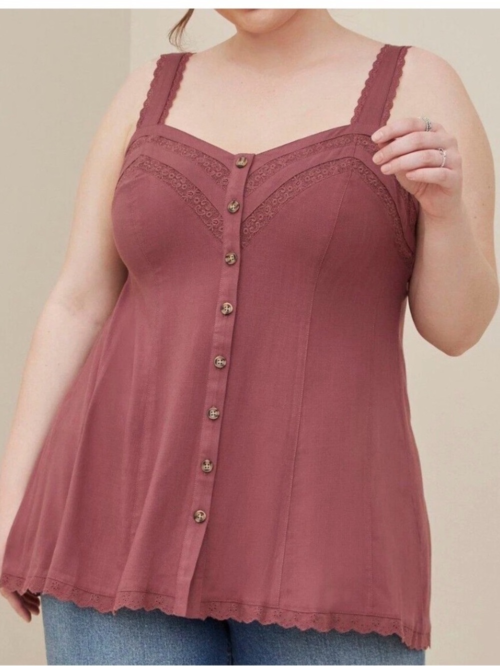 torrid mauve-pink button-front tank with lace trim